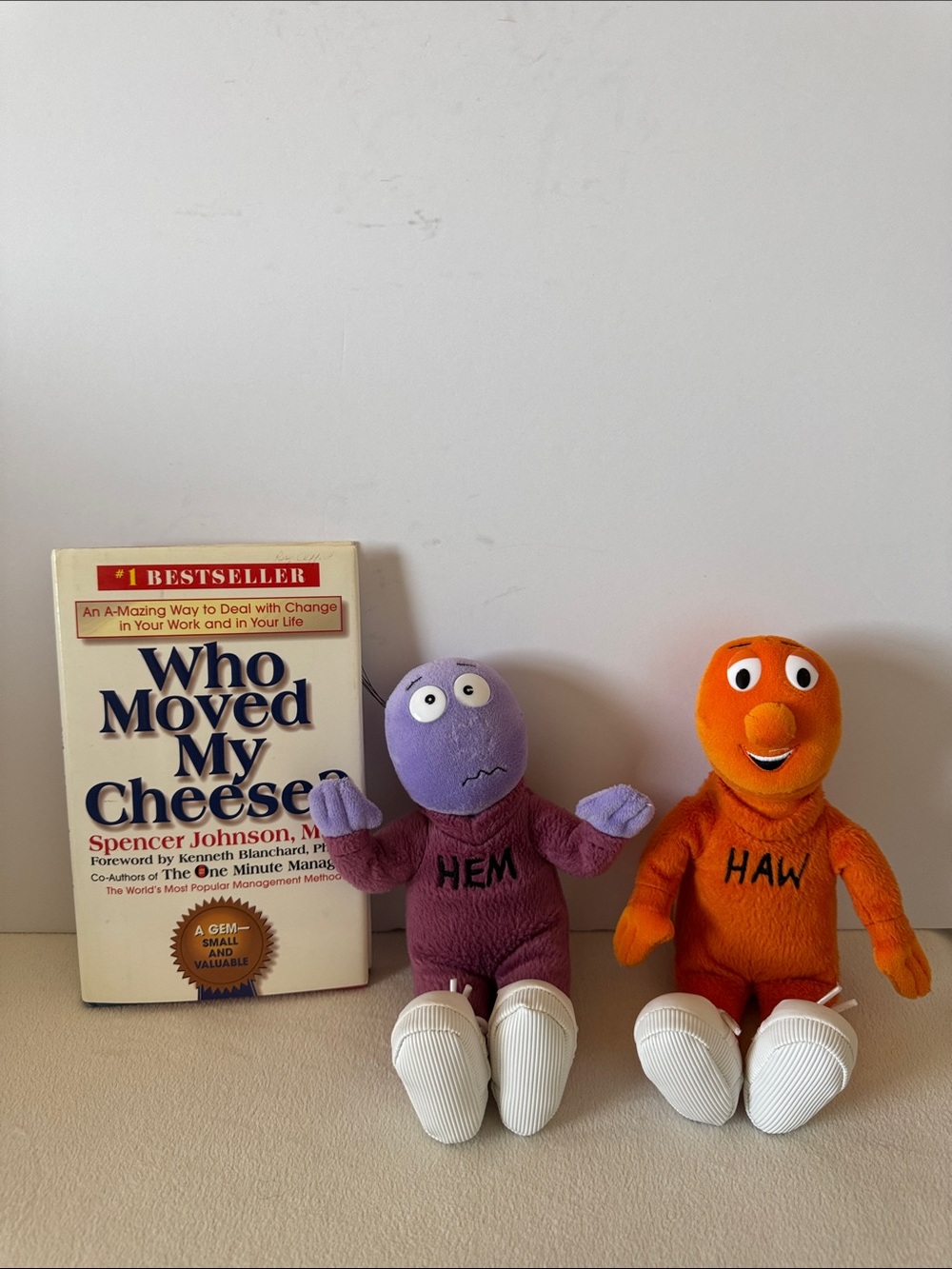Who Moved My Cheese book and stuffed Hem and Haw